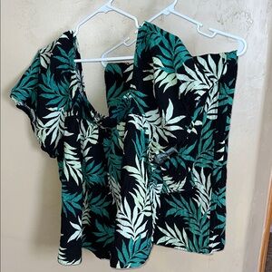 Joyspun gauze set-loungewear XL-black/green palm leaf pattern